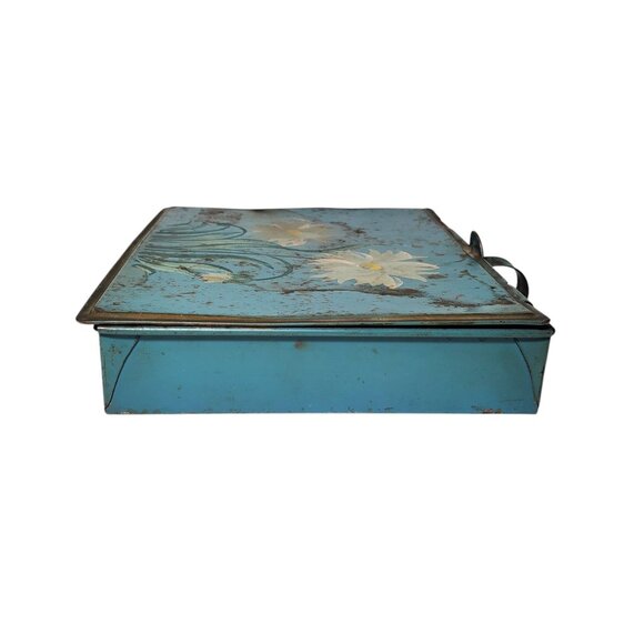 Vtg Toleware Silent Butler Crumb Catcher Metal Hand Painted Box Floral Hinged - Picture 3 of 7